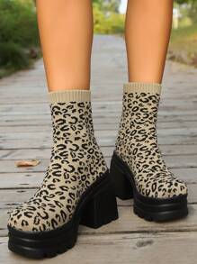 女士时尚厚底高筒靴、弹力紧身靴、高跟袜靴、踝靴、及膝靴、修身优雅高跟靴，颜色有黑色、卡其色和棕色 - 卡其豹紋色 - 查看 7