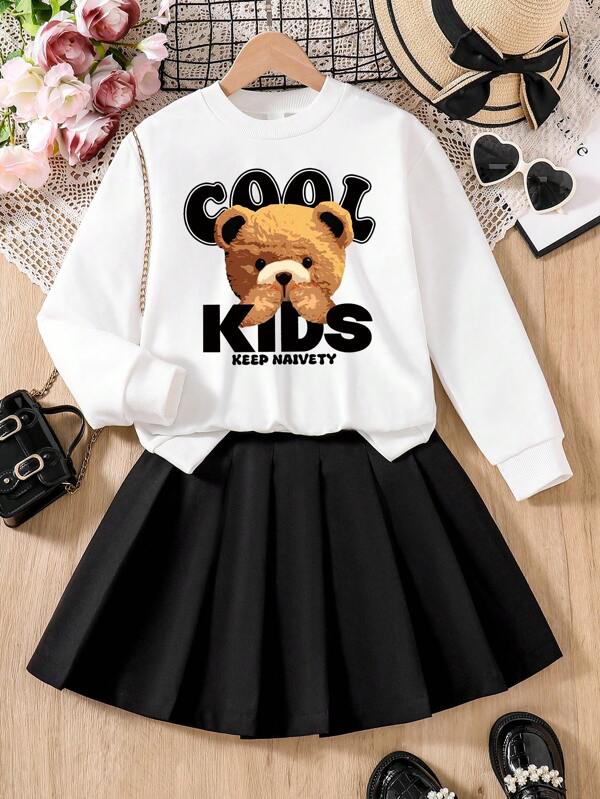 Young Girl Bear Print Crew Neck Sweatshirt And Pleated Skirt Set