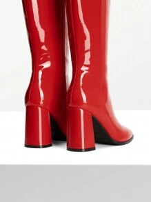 Women's Square Toe Gogo Boots Chunky Heel Classic Solid Color Knee High Boots With Side Zip Fashionable Tall Boots - 紅色 - 查看 4