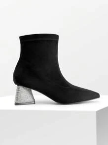 DREAM PAIRS Women Rhinestone Decor Valentines Day Point Toe Chunky Heeled Classic Glamorous Slip-On Ankel Boots For Women With Rhinestone Heel & Pointed Toe Elegant Basics Business Casual Business Chic Halloween Valentines