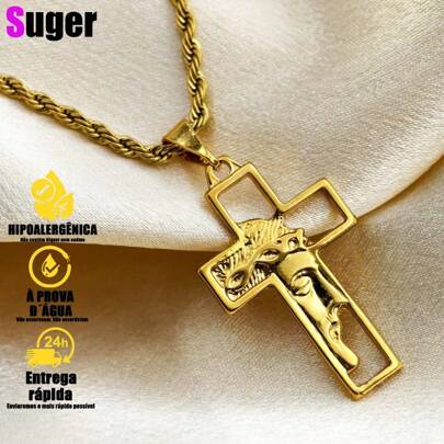 Cordão de mini Corrente Moeda Antiga pingente de cruz jesus Banhado a Ouro 18K não escurece