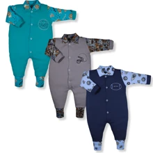 3 Piece Baby Romper Kit With Embroidered Animal Cotton Foot Cover For Boy And Girl - 藍色 - 查看 2