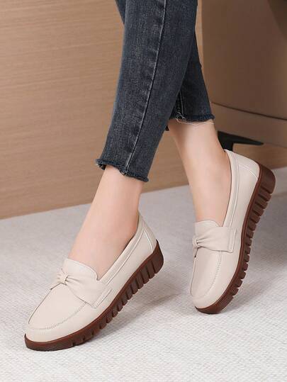 女士蝴蝶結平底鞋，純色易穿脫軟底鞋，休閒日常平底鞋