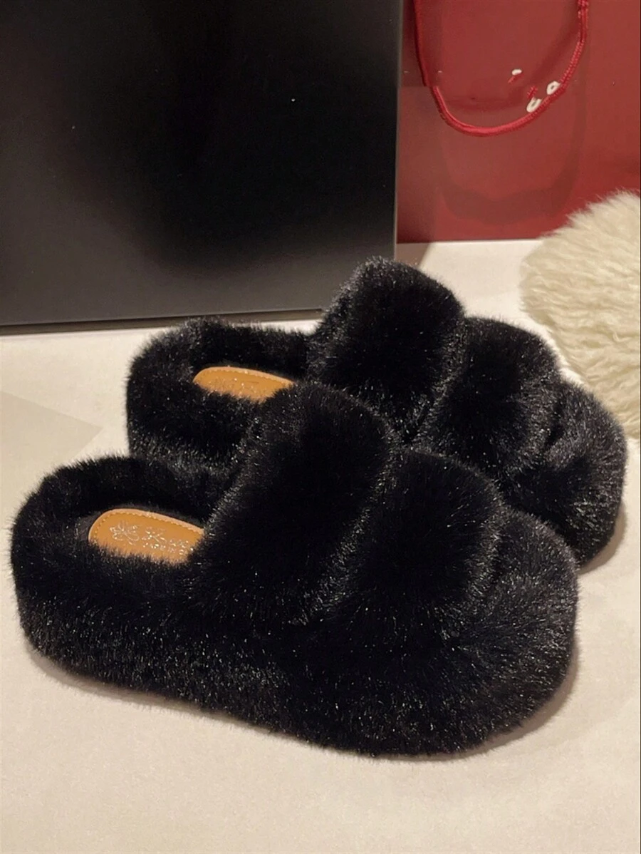 2025 New Women's Winter Thick Sole High Heel Fluffy Slippers, Outdoor Wear, Autumn New Fairy Style, Short Girl Slouchy Person Increased Height Platform Slippers, Home/Office Slippers, Size 34-42