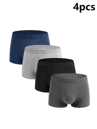 Officeau 4pcs Solid Color Men Breathable  Briefs, High Elastic Waistband Boxer Shorts, Comfortable Underwear Suitable For All Seasons
