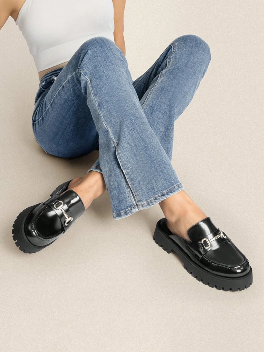 Women Mules Platform Slippers Metal Horse-Bit Slip On Round Toe Chunky Retro Fashion Comfortable Commuting Business Casual Shoes - 黑色 - 查看 1