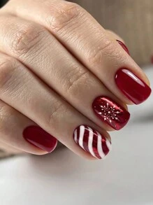 Bộ 24 miếng dán móng tay hình vuông ngắn màu đỏ, kẹo que Giáng sinh, bông tuyết kèm 1 giũa móng, 1 gel thạch và 1 bộ đệm móng cho tiệc tùng, ngày lễ và sử dụng hàng ngày - Nhiều màu - Xem 1