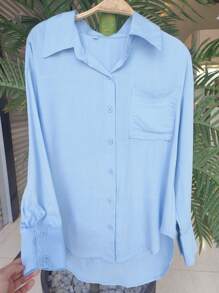 Women's Long Sleeve Button Down Shirt - Baby Blue - View 3