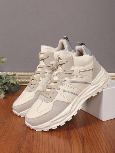 男女通用简约字母图案系带高帮休闲运动鞋，反光轻便运动鞋