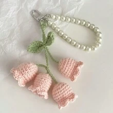 1pc,Charming Crochet Floral Keychains With Pearl Beads ,Woolen Crochet Lily Of The Valley Flower Keychain -Bag Decorative Buckle And Backpack Pendant- Ideal For Bags, Purses & Gifts, Perfect For Mother'S Day, Gift Item|Whimsical Accessory|Durable Zinc Alloy - Pink - View 15