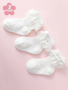 3 双婴儿/女孩袜子，白色简约可爱蕾丝荷叶边公主风格透气柔软短袜，适合户外运动、旅行、度假、公主裙搭配 - 彩色 - 查看 6