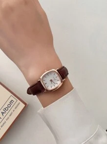 1pc Women's Brown PU Leather Strap Fashion Bar Scale Dial Casual Simple Style Quartz Watch, Suitable For Daily Wear