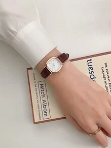 1pc Women's Brown PU Leather Strap Fashion Bar Scale Dial Casual Simple Style Quartz Watch, Suitable For Daily Wear