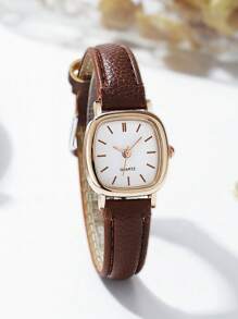 1pc Women's Brown PU Leather Strap Fashion Bar Scale Dial Casual Simple Style Quartz Watch, Suitable For Daily Wear