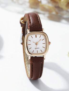 1 pieza Reloj de cuarzo de estilo casual y simple para mujer con correa de poliuretano marrón, adecuado para uso diario