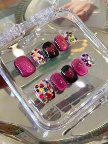 10 片装高端火龙果水晶猫眼白色手工假指甲，闪光热女孩爱指甲指甲贴片短按指甲美甲用品指甲 - 彩色 - 查看 1