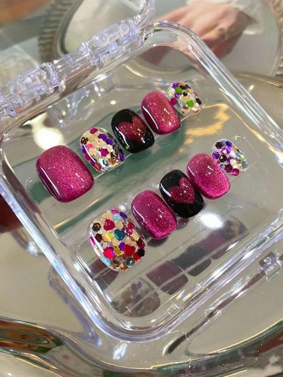 10 片装高端火龙果水晶猫眼白色手工假指甲，闪光热女孩爱指甲指甲贴片短按指甲美甲用品指甲 - 彩色 - 查看 1