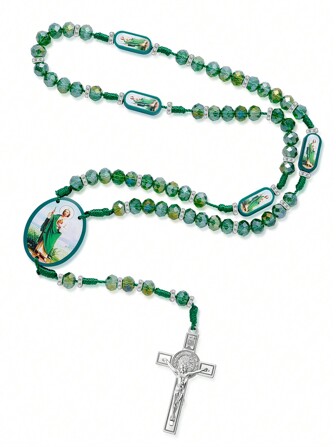 Saint Jude Green Crystal Beads Catholic Necklace  Cross Pendant Wooden Pendant Saint Benedict Catholic Jewelry