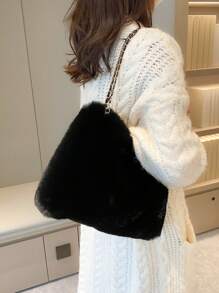 1pc Woven Chain Fuzzy Large Capacity Shoulder Bag, Magnetic Closure, Suitable For Women's Daily Use, Autumn/Winter New Arrival