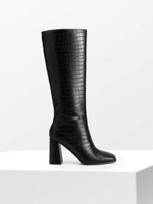 Women's Square Toe Gogo Boots Chunky Heel Classic Solid Color Knee High Boots With Side Zip Fashionable Tall Boots