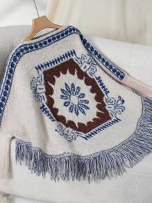 1pc Women's Jacquard Knit Fringe Pullover, Warm And Fashionable For Daily Wear And Vacation