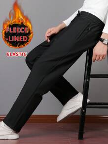 Pantaloni sportivi da uomo di colore unito stile boyfriend, con tasche con cerniera, gamba dritta, elastici, con fodera termica per autunno/inverno, adatti per sport e casual - nero - Visualizzare 2