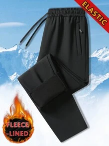 Pantaloni sportivi da uomo di colore unito stile boyfriend, con tasche con cerniera, gamba dritta, elastici, con fodera termica per autunno/inverno, adatti per sport e casual - nero - Visualizzare 4