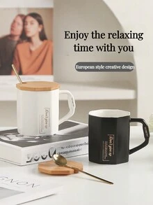 1 件陶瓷咖啡杯带盖和勺子，创意八角杯，北欧风格，适用于办公室、家庭、情侣作为礼物，白色/黑色 - 彩色 - 查看 10