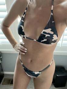 2pcs Polyester Camouflage Printed Triangle Bra And Bikini Swimwear Set With Ties Summer - Multicolor - View 4