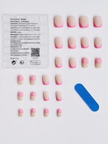 24pcs Short Square Pink French Tip Press On Nails In Zebra Stripes Design Cute Style Matt Top Coat Fake Nails - Pink - View 3