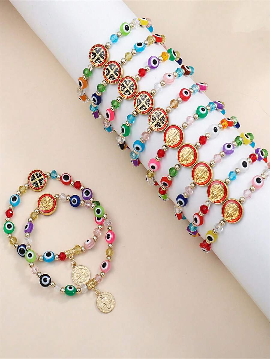 12 件圣本笃手链邪眼珠弹力线天主教圣本笃勋章吊坠可调节手链祈祷礼物适合男女 - 彩色的 - 查看 1