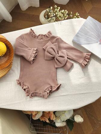 Conjunto De Trajes Para Bebé Niña En Primavera Y Otoño Con Traje De Manga Acampanada Acanalado Y Diadema De Lazo