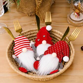 3/6pcs Christmas Gnome Plush Cutlery Holder Set - Forks Bag, Tabletop Decor, Cute Party Supplies, Faceless Man Knife Fork Bag, Silverware,Christmas