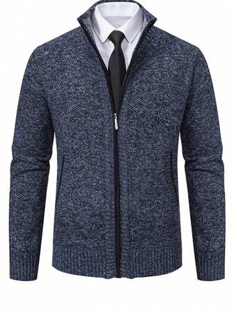 Korean Style Men's Full Zip Cardigan , Classic Soft Knit Cardigan With Pockets, Thermal Lined Thick, For Fall Winter, Long Sleeve Top
