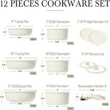 Juego de 12 piezas de ollas y sartenes CAROTE, juego de utensilios de cocina antiadherentes con mango desmontable, juego de utensilios de cocina antiadherentes para inducción con mango extraíble, juego de utensilios de cocina para autocaravana, resistente al horno - Juego de granito de 12 piezas - Ver 2