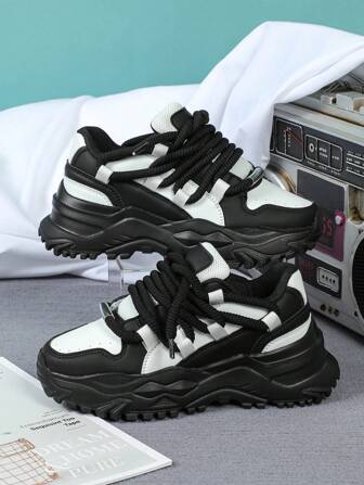 Basic Black & White Fashion Thick Lace-Up Plat Form Hidden Heel Casual Sports Sneakers, Chunky Chunky Sneakers, Fit For Street Wear Shopping Valentines