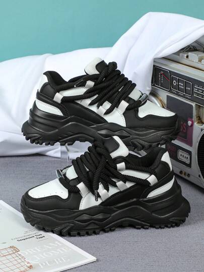 Pantofi sport cu platformă și șireturi groase, culoare alb-negru, la modă, casual, groși, potriviți pentru cadouri de Anul Nou, perfecți cu un look sport de blugi