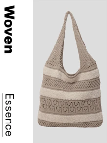 Damska ręcznie robiona torba dzianinowa, letnia torebka w paski z pustym wzorem