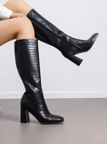 Women's Square Toe Gogo Boots Chunky Heel Classic Solid Color Knee High Boots With Side Zip Fashionable Tall Boots