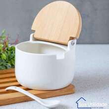 Salt Shaker Bamboo Lid Square Salt Black White Luxury With Spoon Salt Holder Condiment Wood Cruet Kitchen Modern Nordic Seasoning - trắng - Xem 3