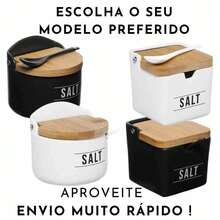 Salt Shaker Bamboo Lid Square Salt Black White Luxury With Spoon Salt Holder Condiment Wood Cruet Kitchen Modern Nordic Seasoning - trắng - Xem 9