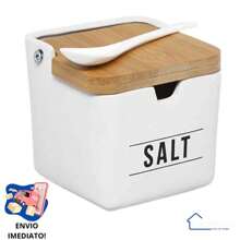 Salt Shaker Bamboo Lid Square Salt Black White Luxury With Spoon Salt Holder Condiment Wood Cruet Kitchen Modern Nordic Seasoning - trắng - Xem 1