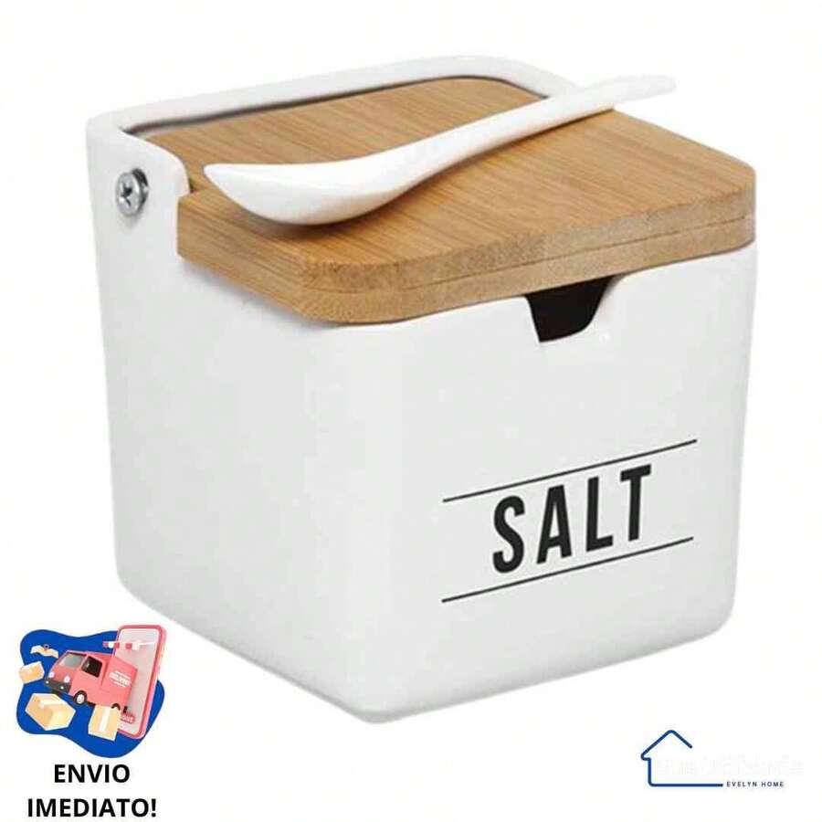 Salt Shaker Bamboo Lid Square Salt Black White Luxury With Spoon Salt Holder Condiment Wood Cruet Kitchen Modern Nordic Seasoning - trắng - Xem 1