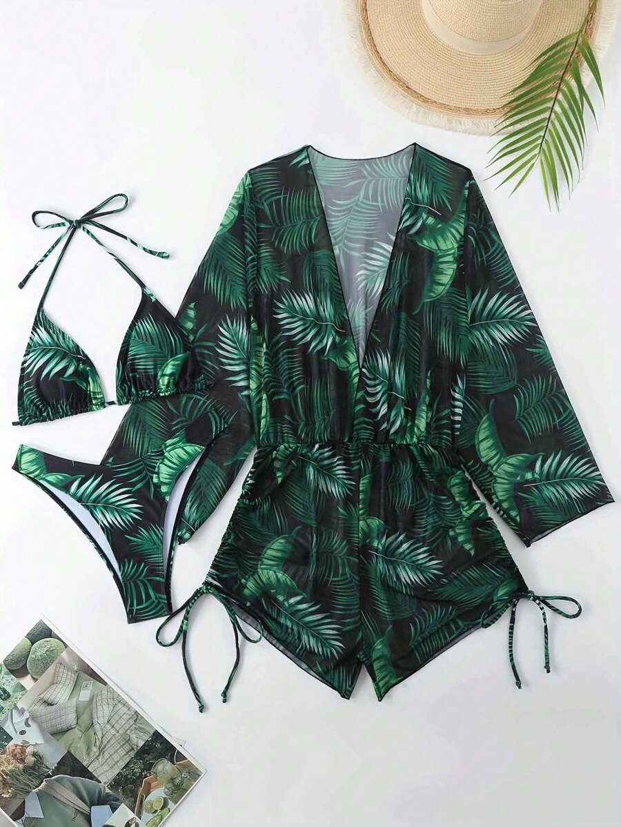 New Stylish 3pcs Set Women 3D Floral Print Bikini Swimwear, Triangle Cut Soft Cup Top & Bottom, Beachwear For Summer - Multicolor - View 1