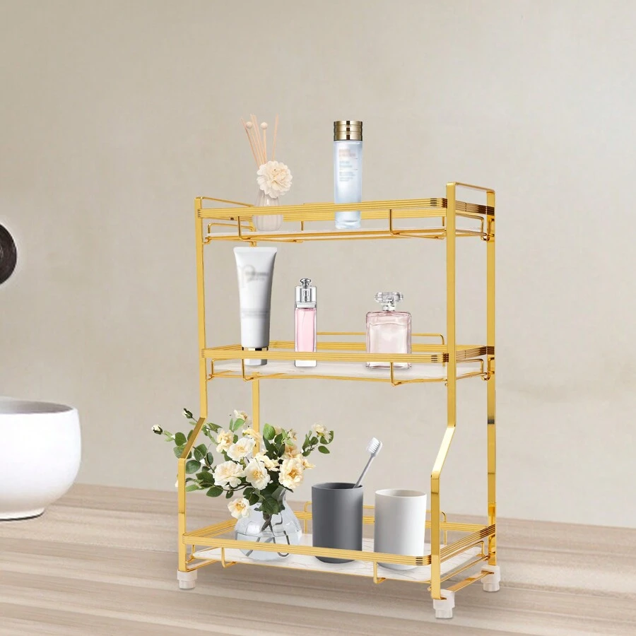 三层浴室台面收纳架置物架柜台浴室储物架家居浴室装饰浴室收纳架夏季返校季 - 金色 - 查看 1