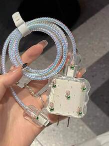 5pcs Flower/Butterfly Design Data Cable Protector Case, 20W Fast Charging Compatible With IPhone 14/13/12/11, Best Gift For Friends - Clear - View 3