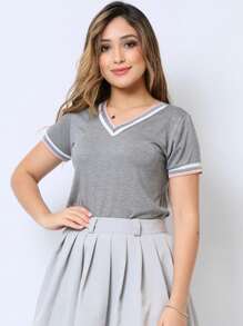 Women's Round Neck T-Shirt Blouse Summer Fashion Size S M L XL - Gris Oscuro - Ver 4