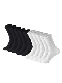 Multi-Pair Pack Black & White Solid Color Elastic Arch Support Men Mid-Calf Golf Socks, Sporty & Casual Style, Fall