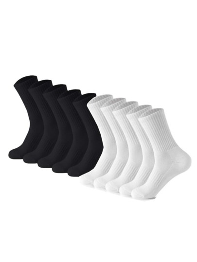Multi-Pair Pack Black & White Solid Color Elastic Arch Support Men Mid-Calf Golf Socks, Sporty & Casual Style, Fall