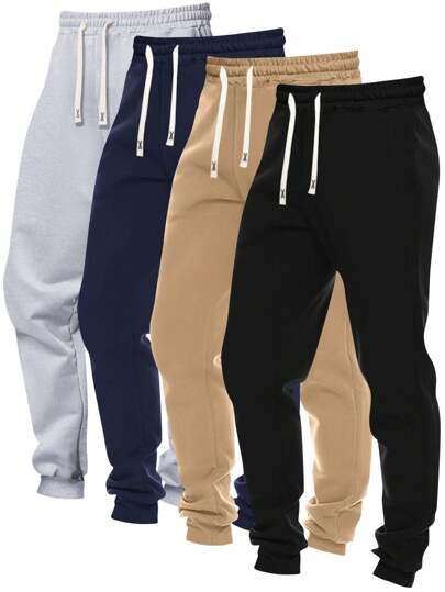 4pcs Men's All-Match Solid Color Drawstring Elastic Waist Sports Casual Pants With Pockets, Joggers For Daily Wear, Outdoor, Running, Spring Autumn